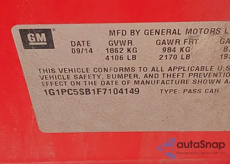 2015 Chevrolet Cruze 1Lt Auto from USA, damaged, VIN 1G1PC5SB1F7104149